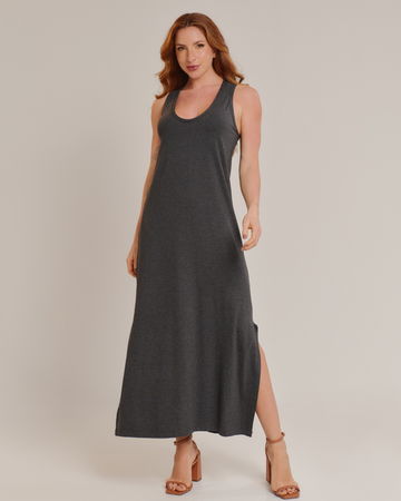 Vestido Casual Longo Feminino Regata com Fenda Lateral e Tecido Leve grafite - ALYA