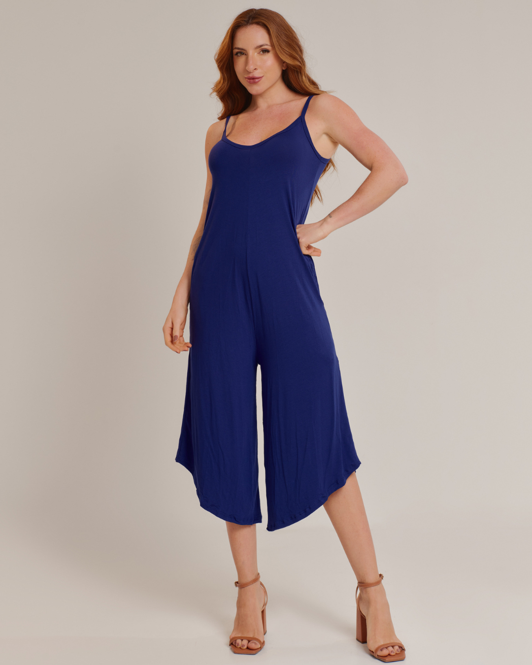 Macacão Feminino Pantacourt Casual de Alças Conforto Azul - ALYA