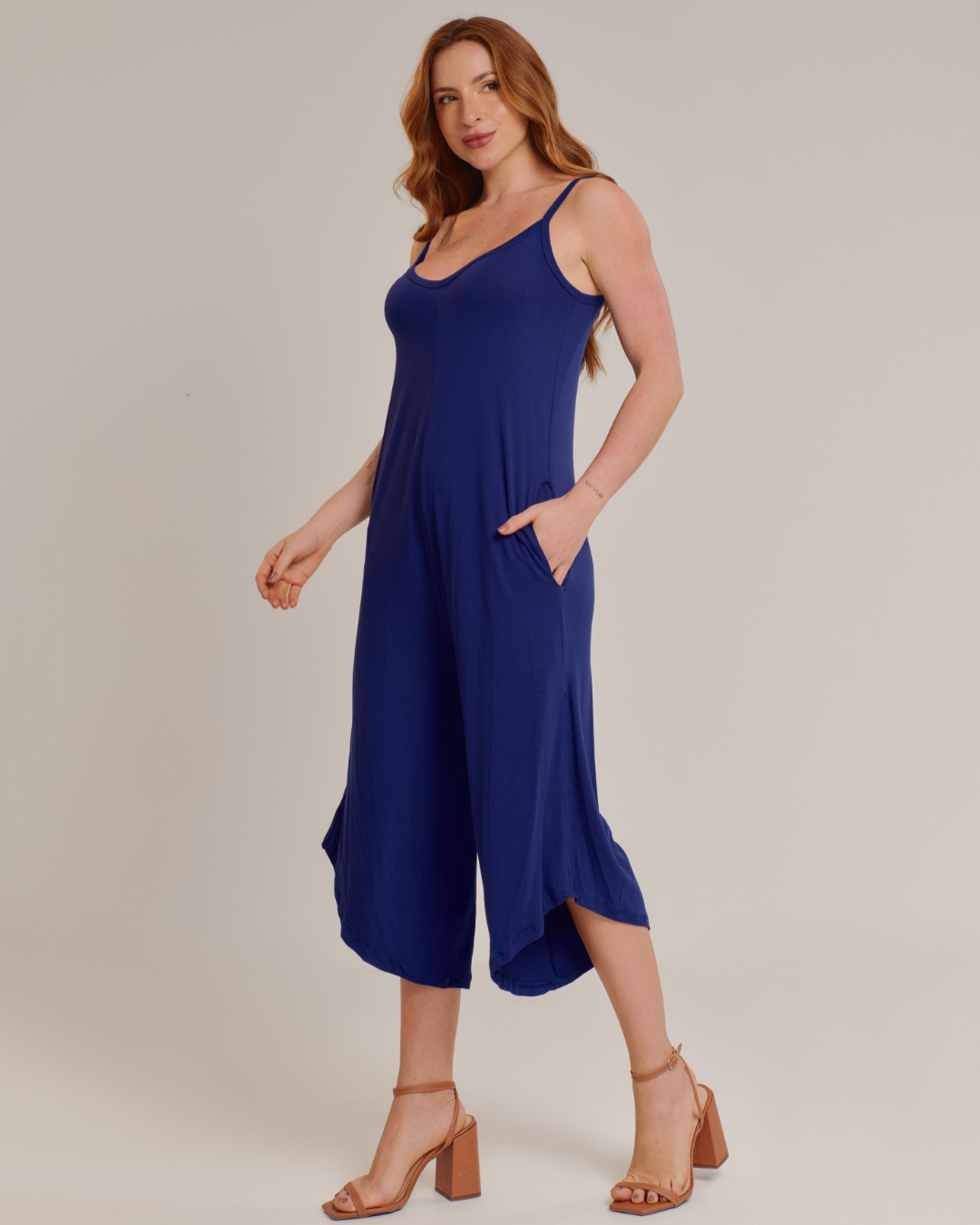 Macacão Feminino Pantacourt Casual de Alças Conforto Azul - ALYA