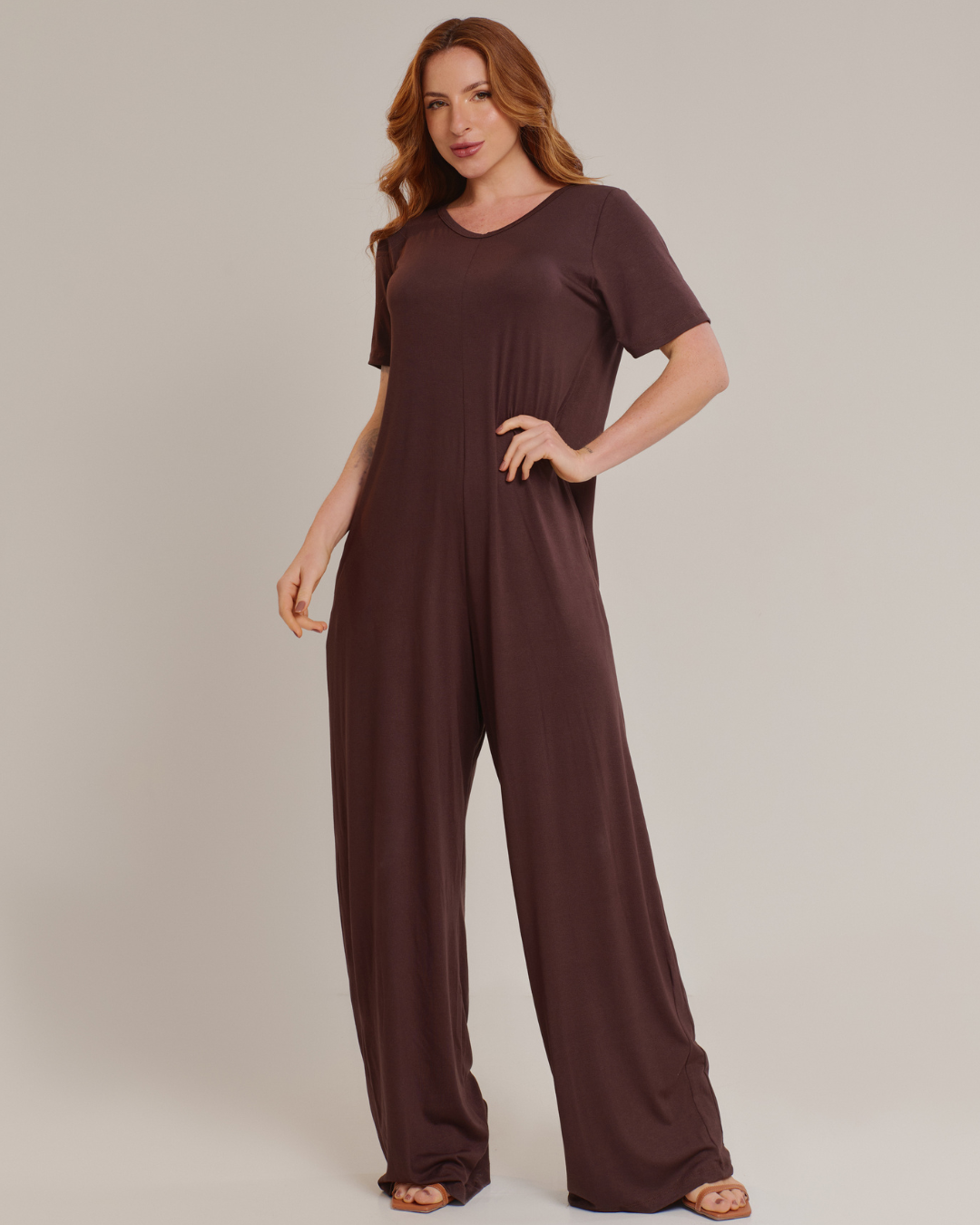 Macacão Longo Feminino Básico Marrom - ALYA