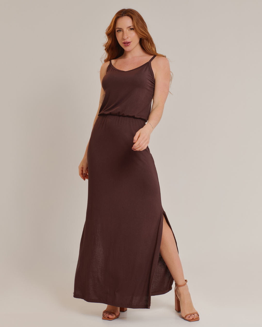 Vestido Longo Feminino Casual com Alças Confortável Marrom - ALYA