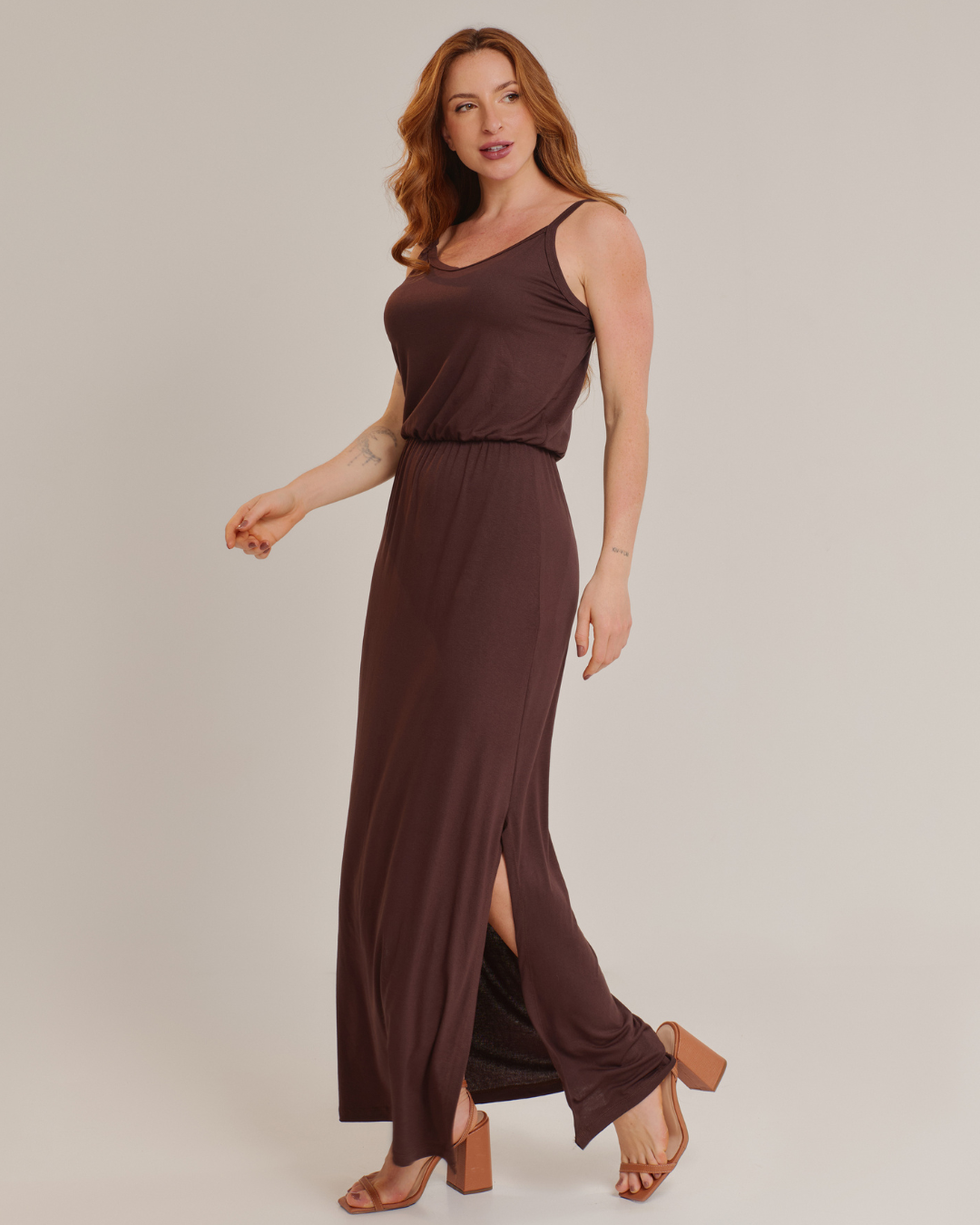 Vestido Longo Feminino Casual com Alças Confortável Marrom - ALYA