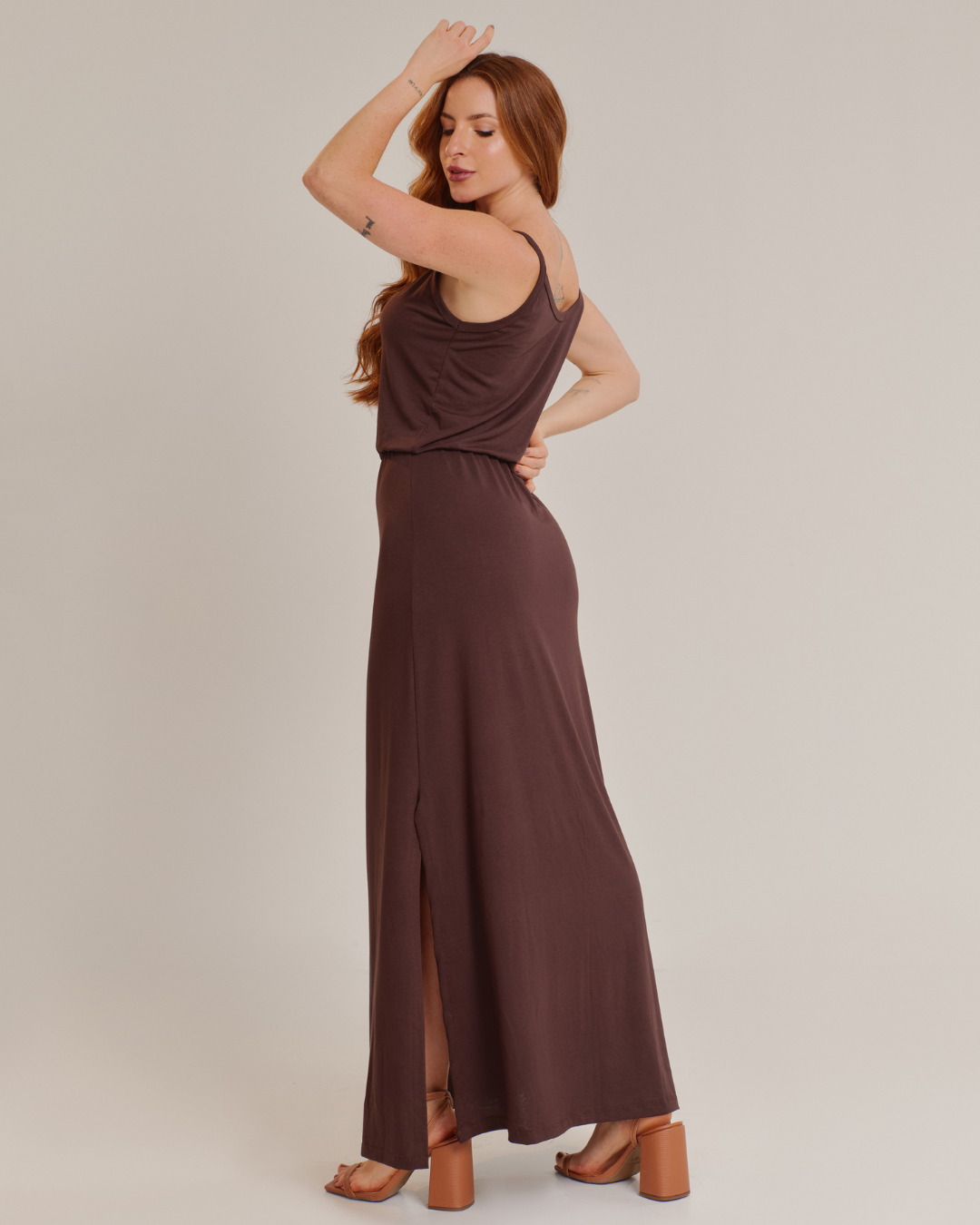 Vestido Longo Feminino Casual com Alças Confortável Marrom - ALYA
