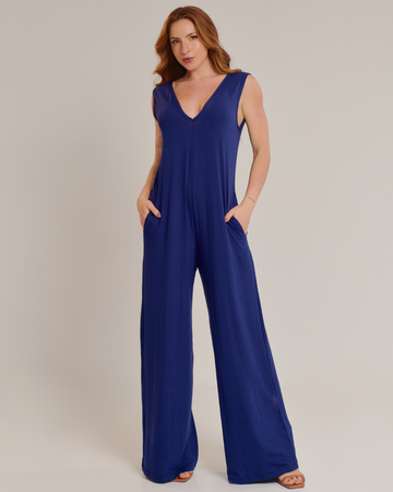 Macacão Feminino Azul Regata Com Bolsos Laterais - ALYA