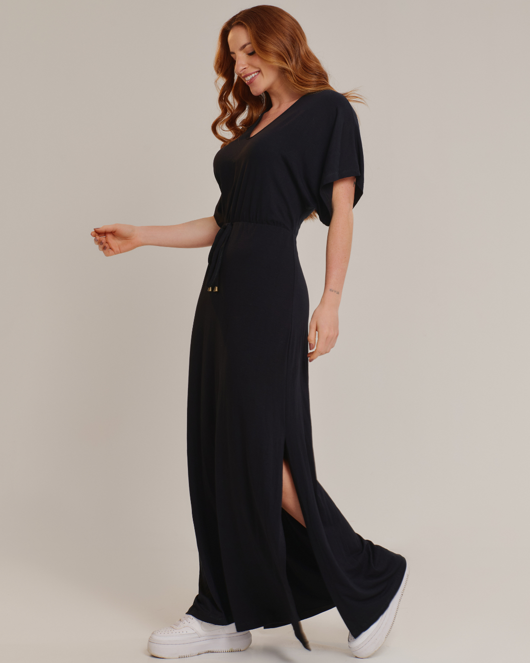 Vestido Longo Feminino em Viscolycra com Fenda e Amarração - ALYA