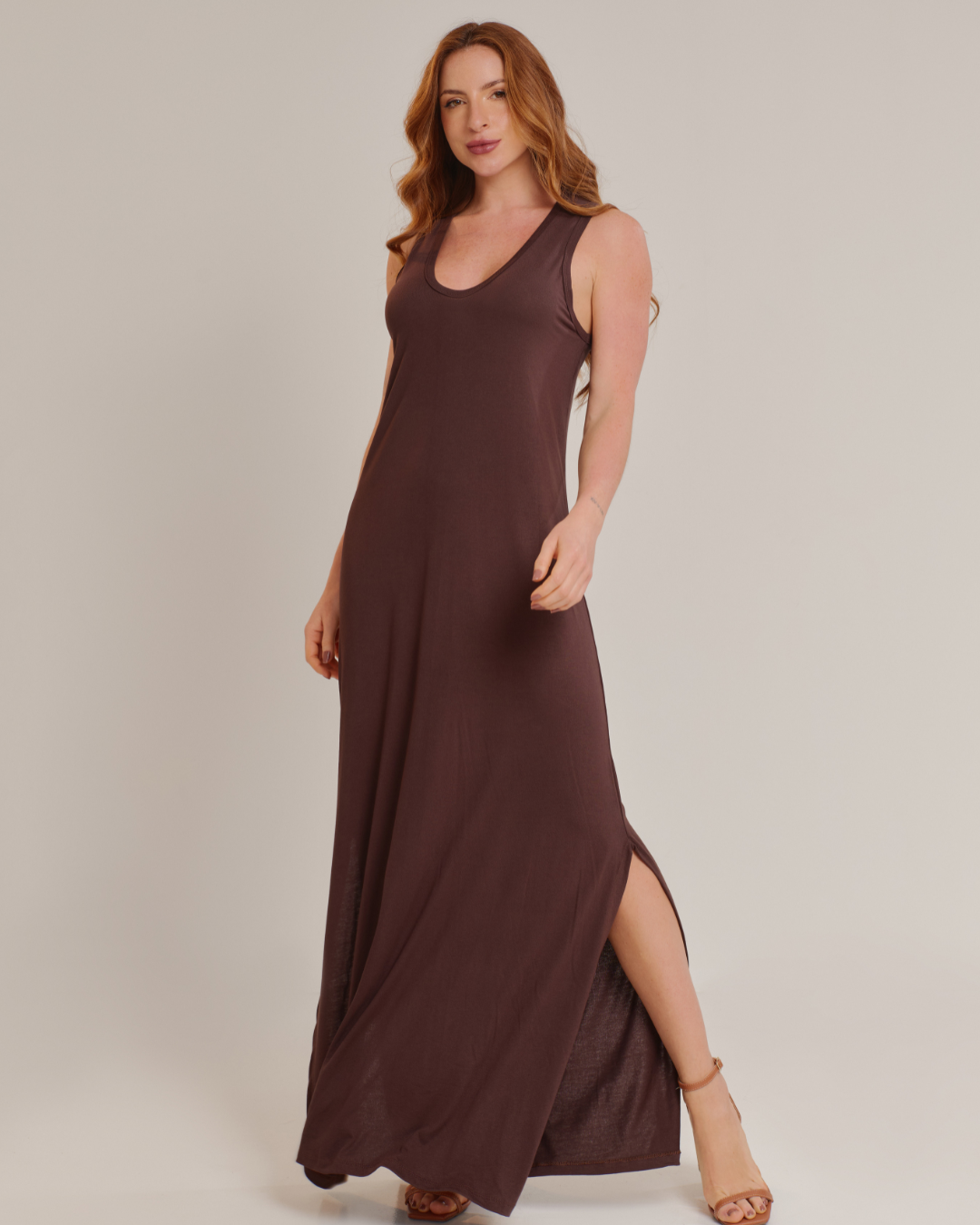 Vestido Longo Feminino Básico Elegante com Fenda Marrom - ALYA