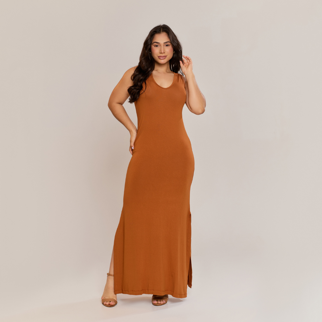 Vestido Longo Feminino Básico Regata Soltinho com Fenda Camurça - ALYA