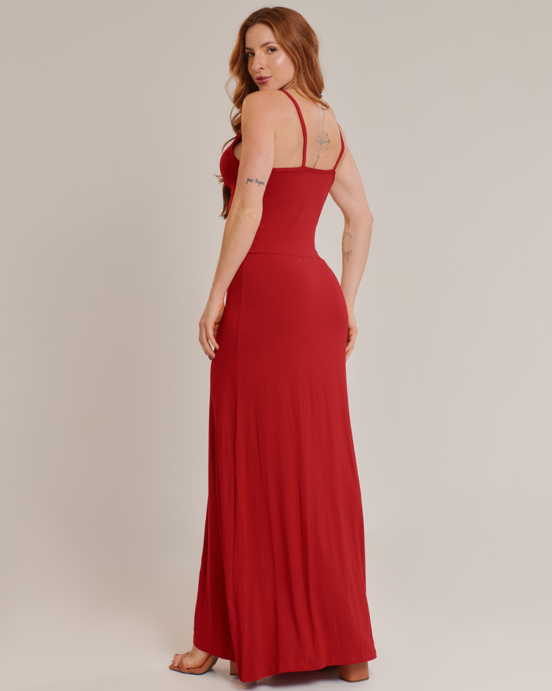 Vestido Longo Feminino com Decote em Nó e Alças Finas Vermelho - ALYA