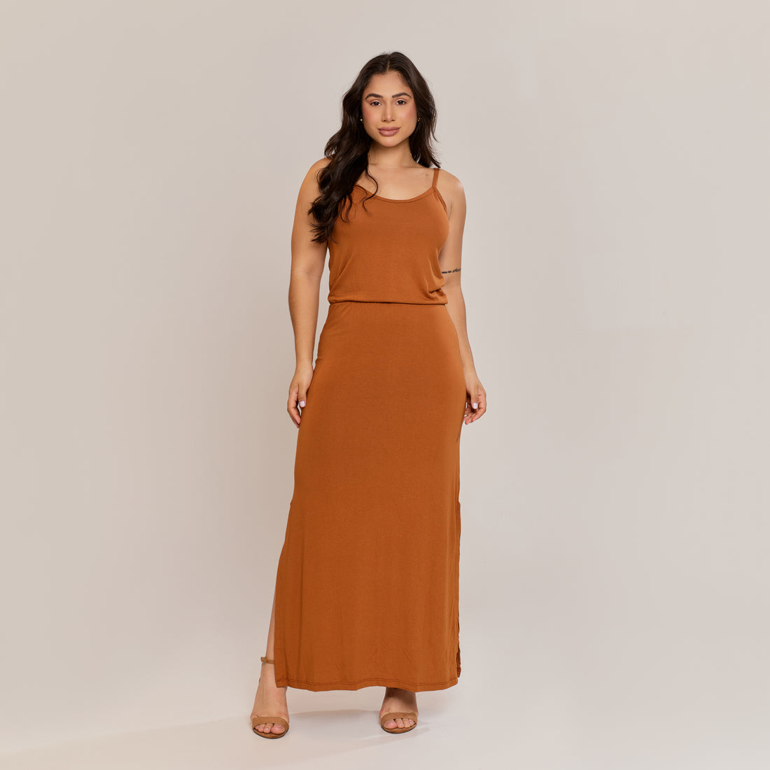 Vestido Longo Feminino Casual com Alças Confortável Caramelo - ALYA