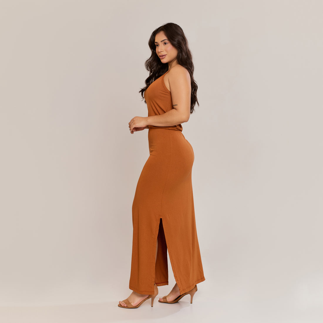 Vestido Longo Feminino Casual com Alças Confortável Caramelo - ALYA