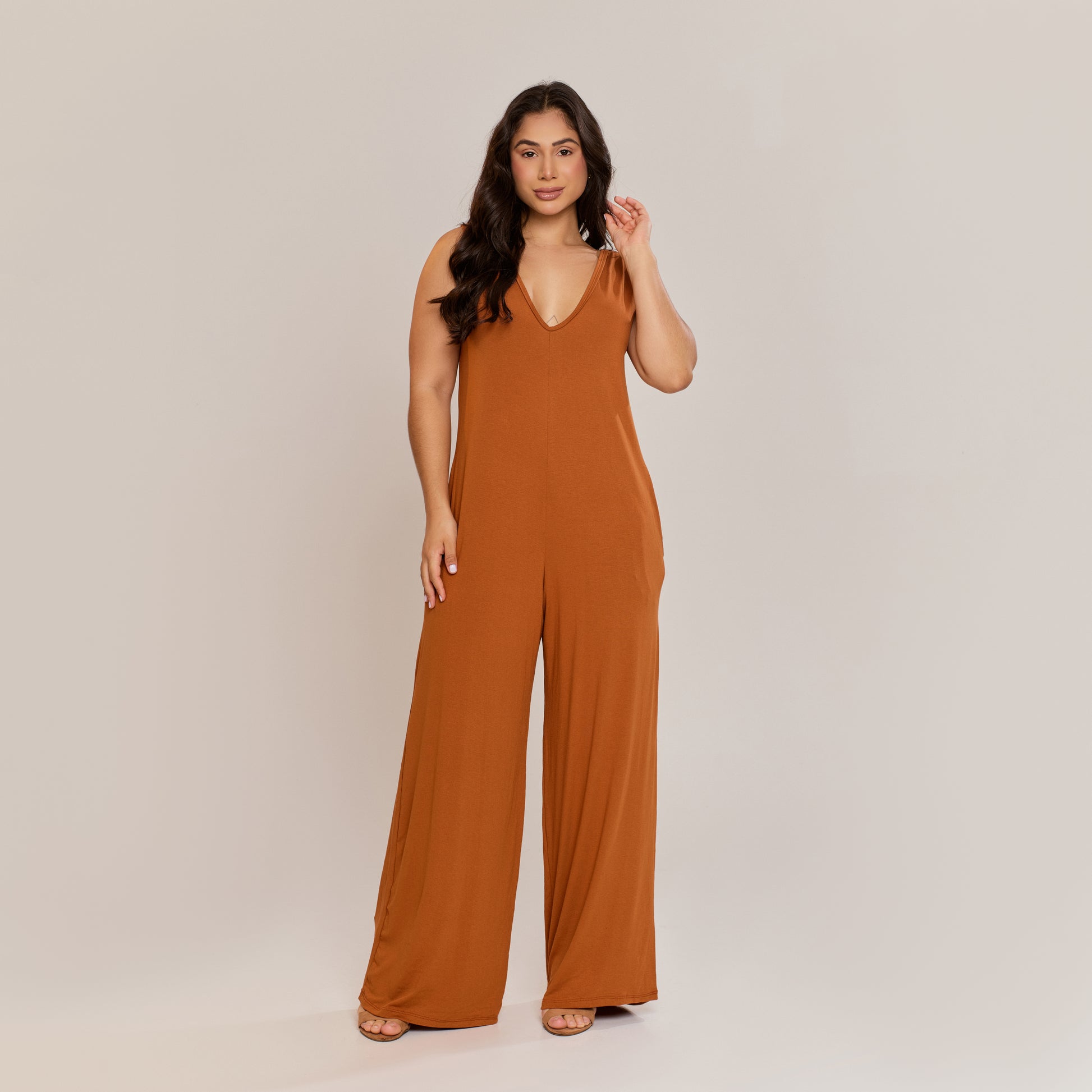 Macacão Longo Feminino Elegante Regata Camurça - ALYA