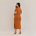Vestido Midi Viscolycra Feminino com Fenda Lateral Manga Curta Caimento Reto - ALYA