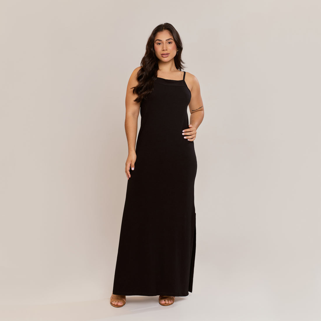 Vestido Longo Viscolycra Alça Fina com Fenda Lateral Feminino Caimento Reto - ALYA