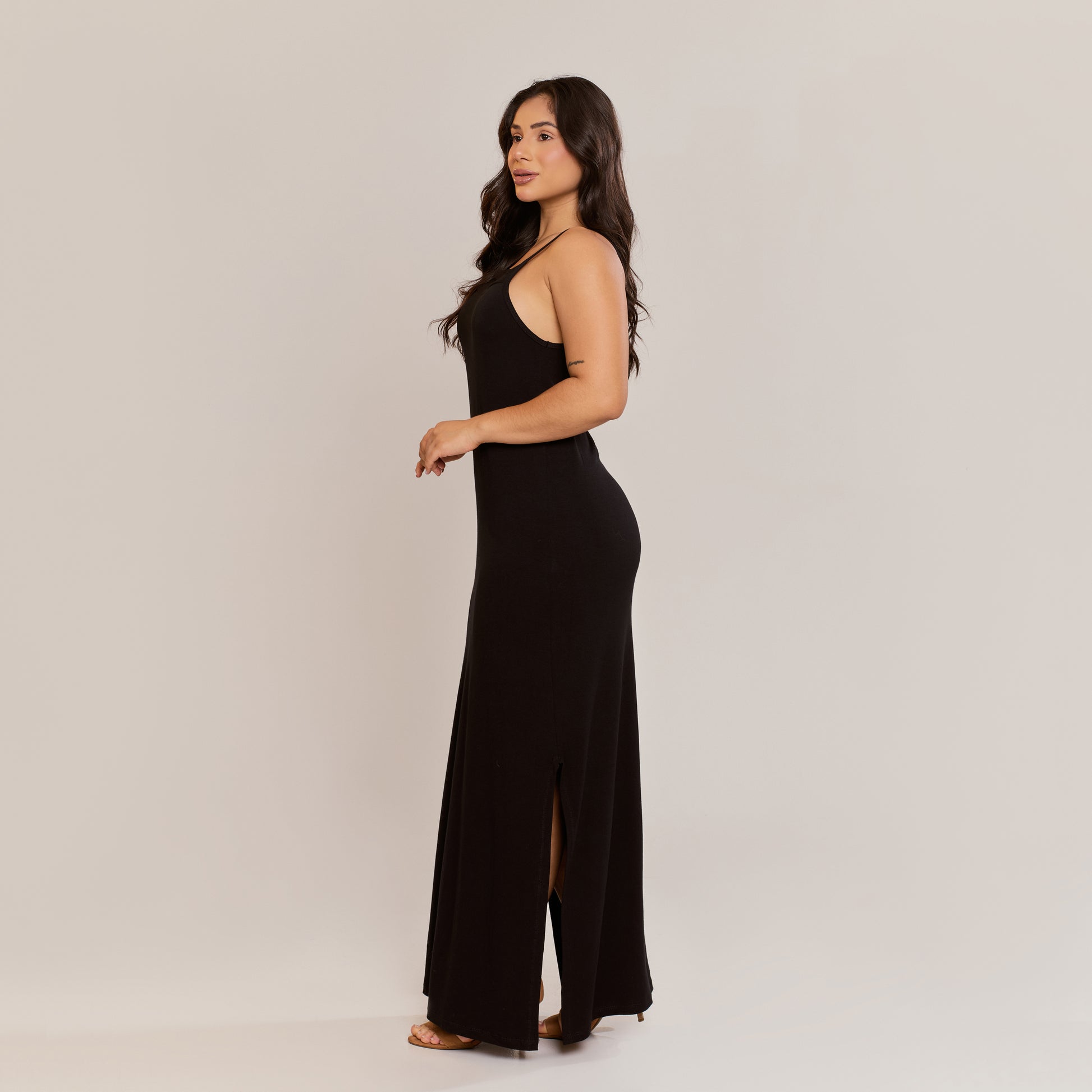 Vestido Longo Viscolycra Alça Fina com Fenda Lateral Feminino Caimento Reto - ALYA
