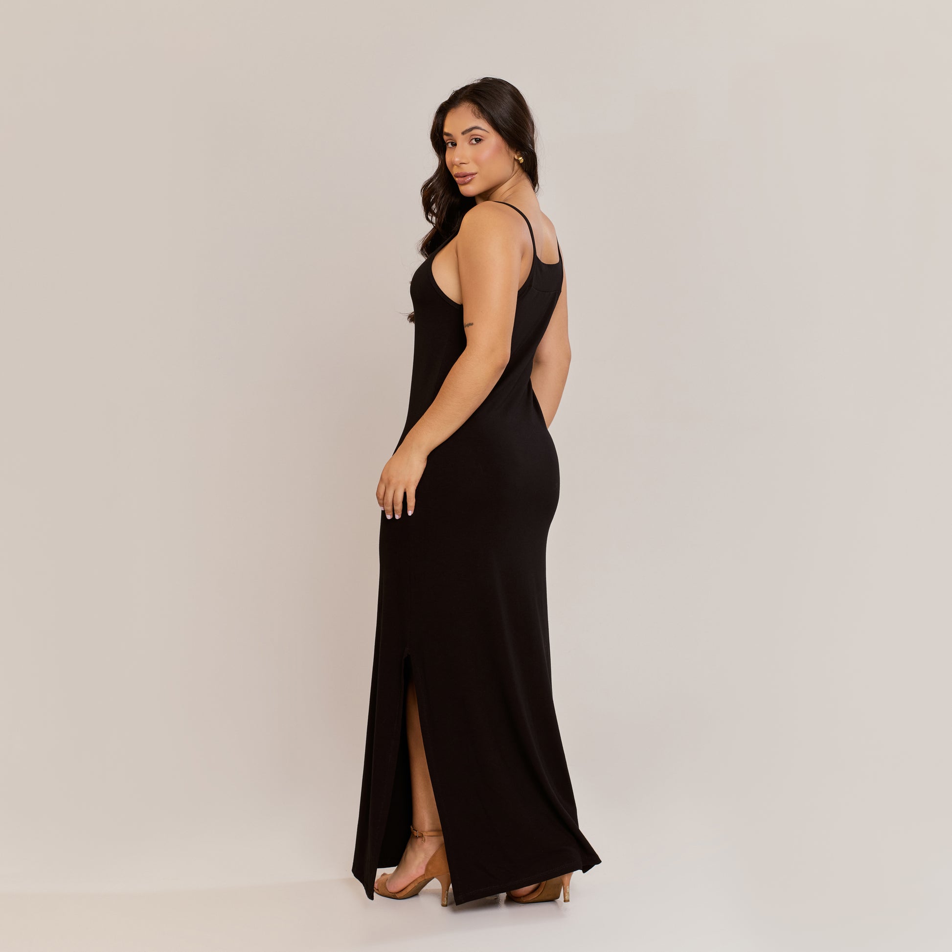 Vestido Longo Viscolycra Alça Fina com Fenda Lateral Feminino Caimento Reto - ALYA