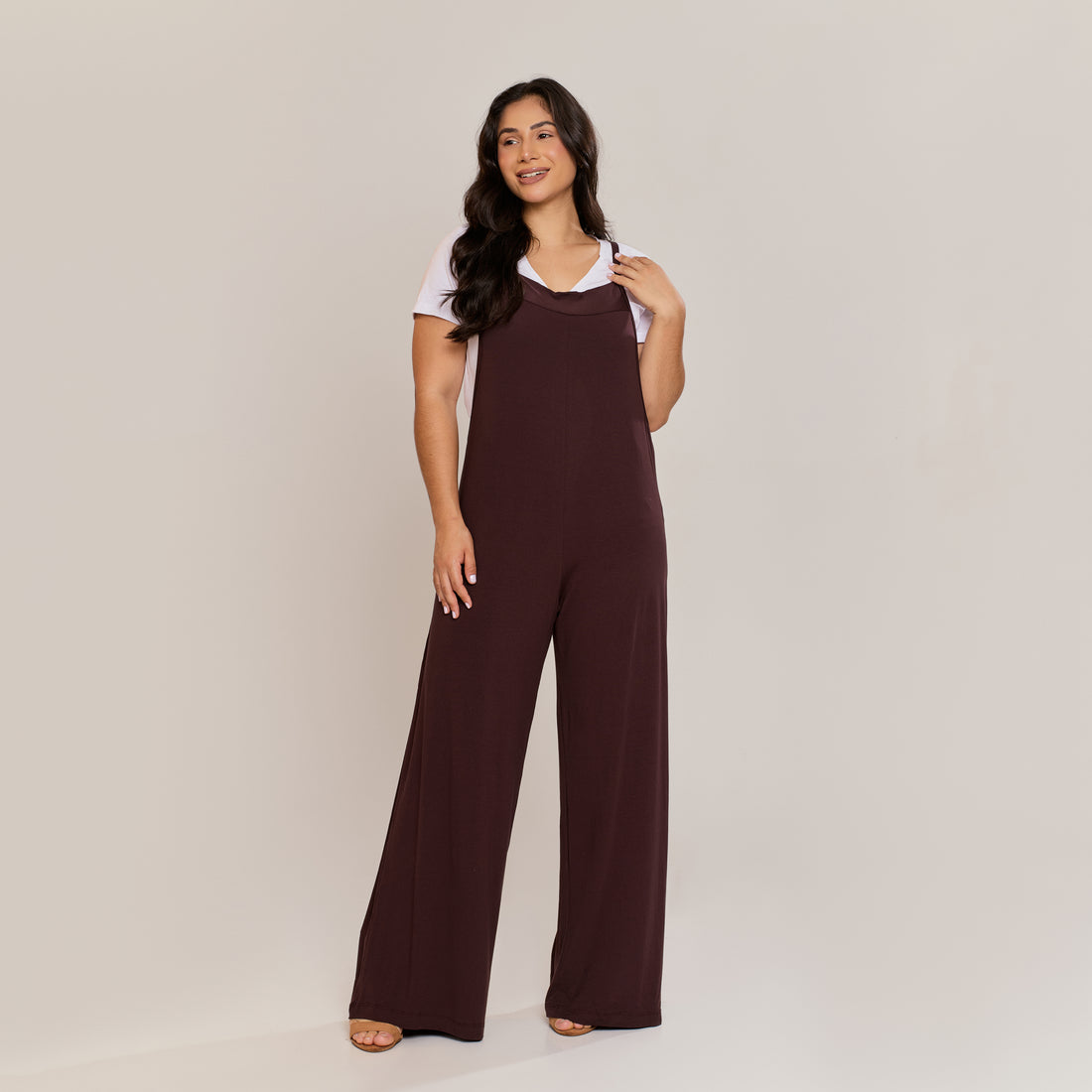 Jardineira Feminina Viscolycra Longa Pantalona Alça Fina Caimento Soltinho Marrom - ALYA