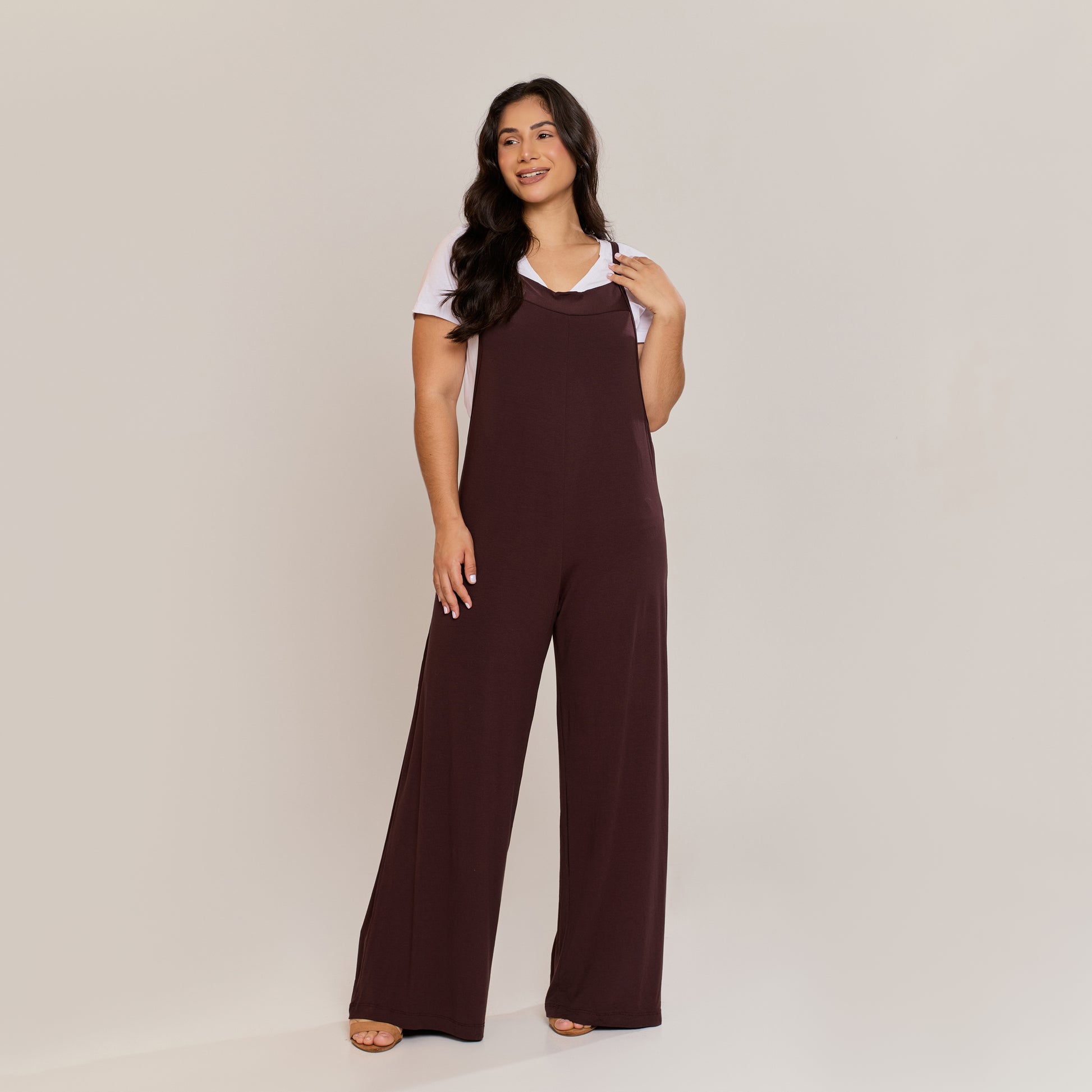 Jardineira Feminina Viscolycra Longa Pantalona Alça Fina Caimento Soltinho Marrom - ALYA