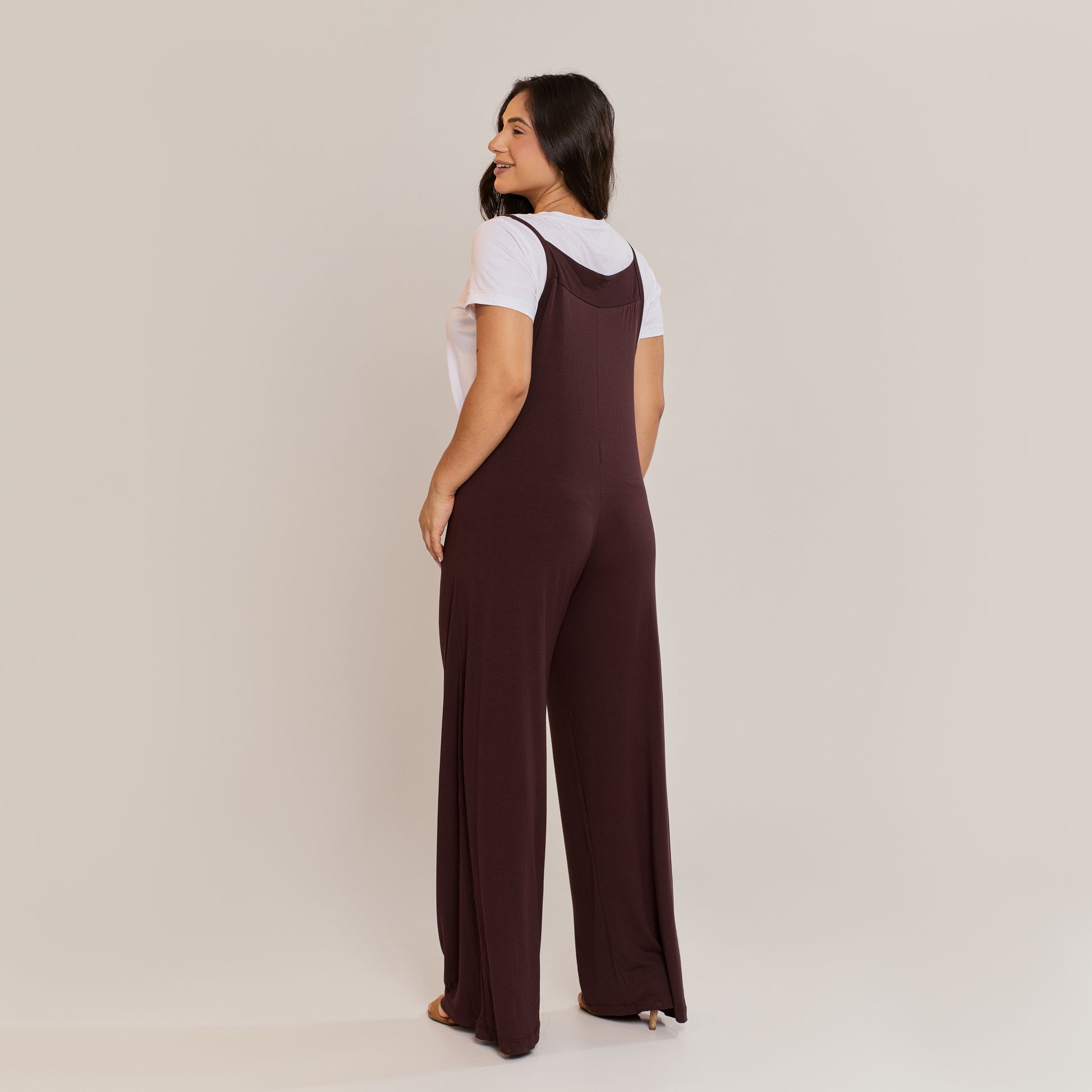 Jardineira Feminina Viscolycra Longa Pantalona Alça Fina Caimento Soltinho Marrom - ALYA